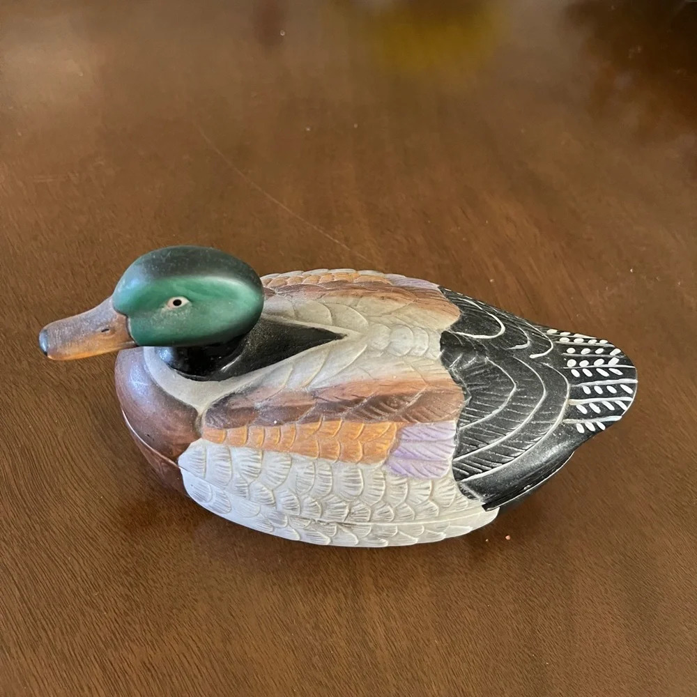 Ceramic Porcelain Hand painted Mallard Duck Figurine Trinket Jewelry Box 8.5”
